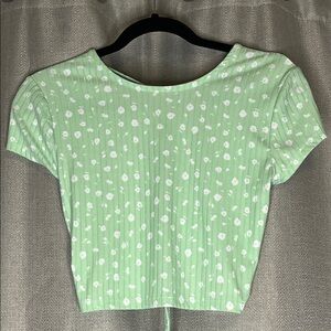 Light Green Floral Crop Top w Tie Back